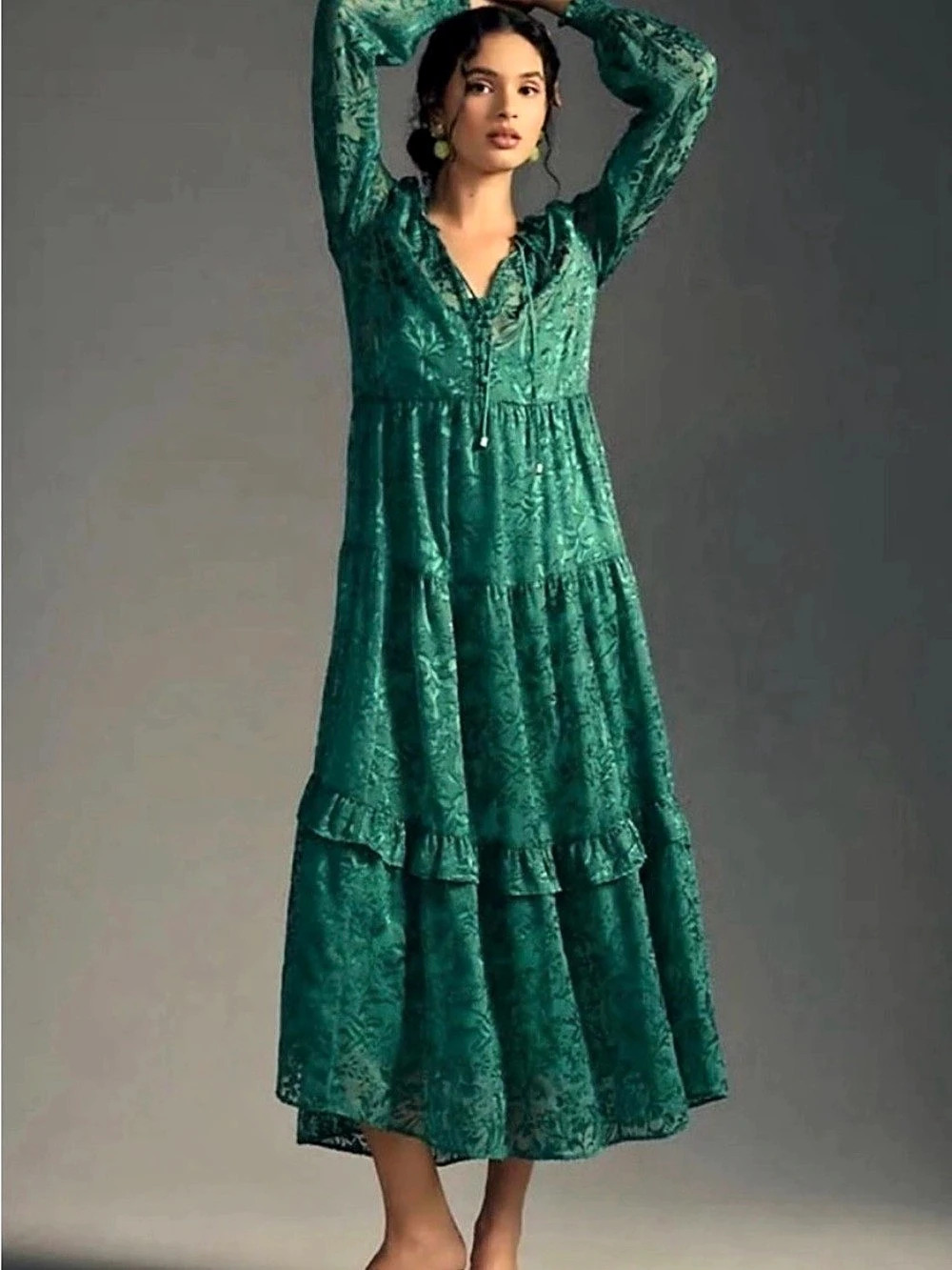 Anthropologie Green Burnout Velvet Floral Maxi Dress